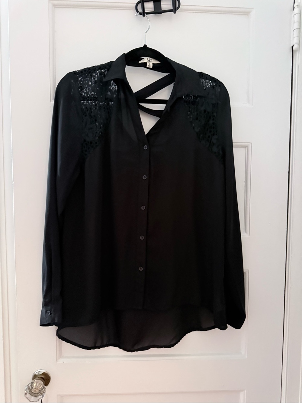 Black Long-Sleeve Sequin Shoulder Blouse with Strappy V-Neck